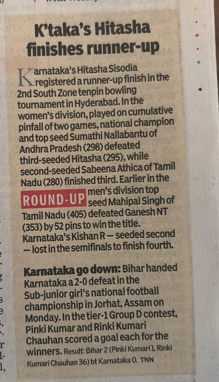 2nd South Zone Tenpin Bowling Tournament 2025 featured in Deccan Chronicle — Hitasha Sisodia
