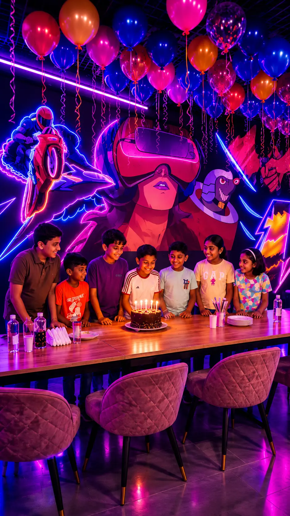 Children smiling around a birthday cake at Game Xtreme party area with neon lighting and balloons
