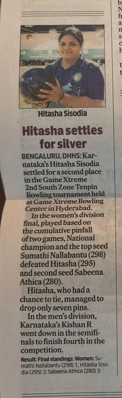 2nd South Zone Tenpin Bowling Tournament 2025 featured in The Times of India, Bengaluru — Hitasha Sisodia
