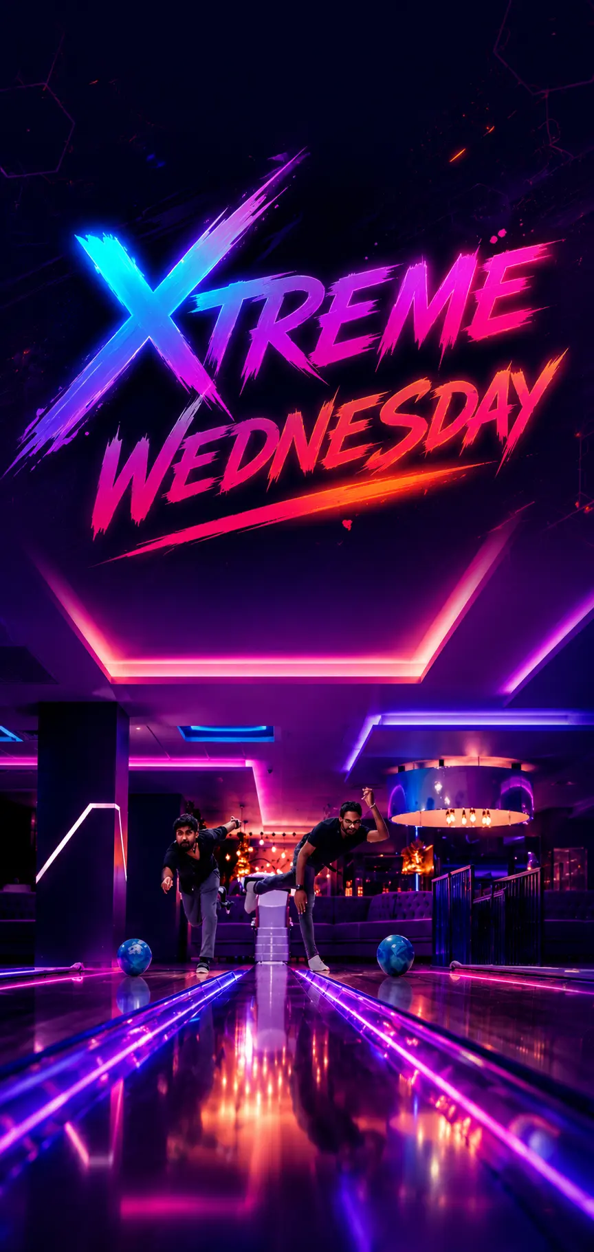 Xtreme Wednesday branding with bowlers on neon-lit lanes at Game Xtreme