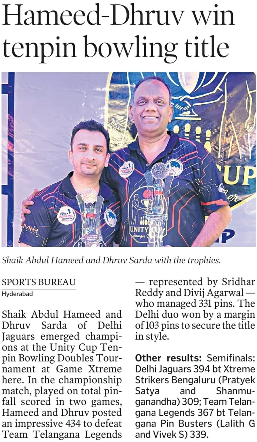 Unity Cup Tenpin Bowling Doubles 2025 featured in The Hindu — Shaik Abdul Hameed & Dhruv Sarda