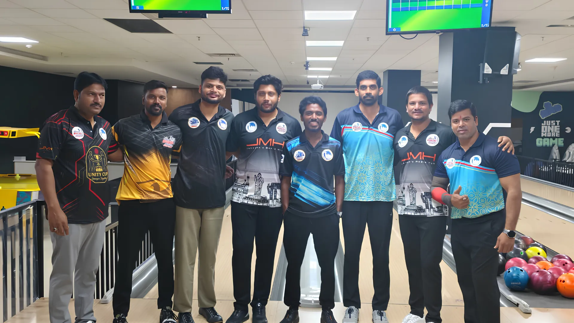 Registered Telangana bowlers in association jerseys at Game Xtreme's six-lane bowling centre