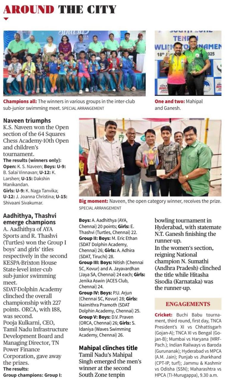 2nd South Zone Tenpin Bowling Tournament 2025 featured in Around The City — Mahipal Singh & N.T. Ganesh
