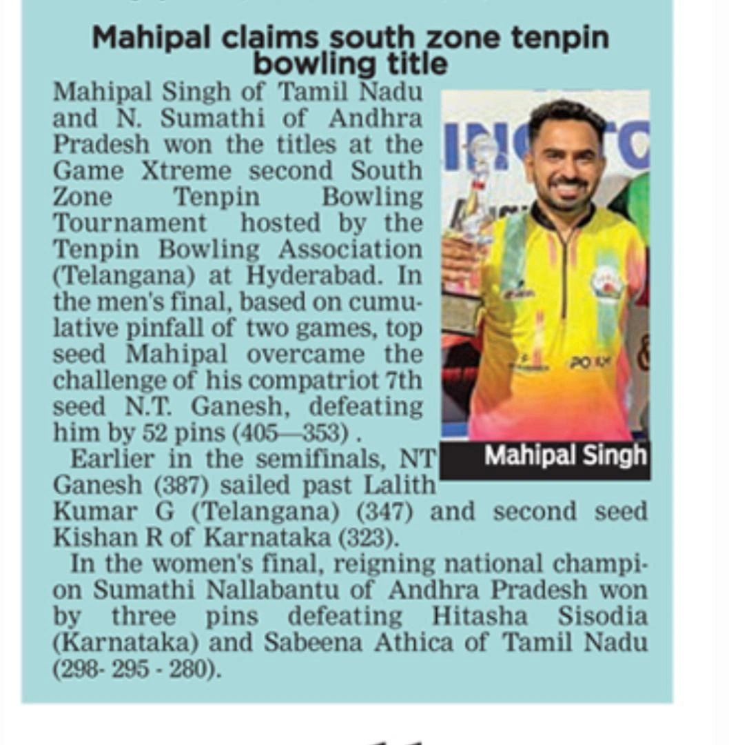 2nd South Zone Tenpin Bowling Tournament 2025 featured in Deccan Chronicle — Mahipal Singh