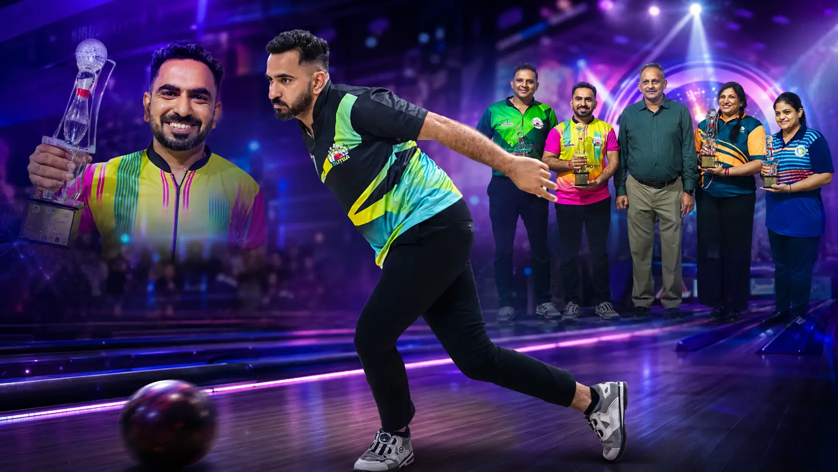 Competitive bowler in action at a Game Xtreme bowling tournament with trophy ceremony