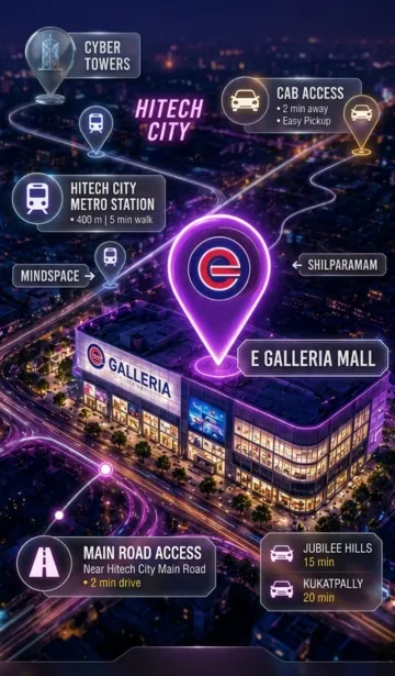 Location map of Game Xtreme at E Galleria Mall showing HITECH City Metro Station 400m away, cab access, and nearby landmarks