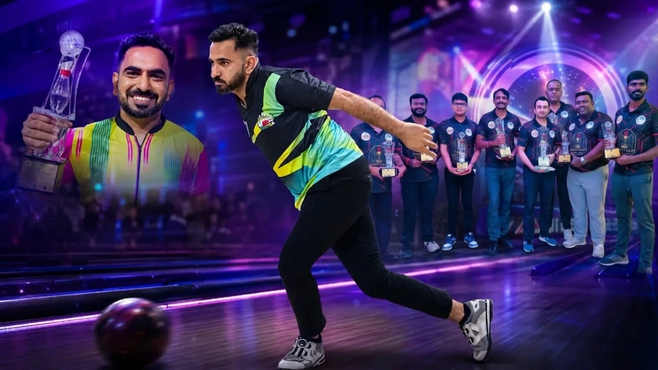 Game Xtreme bowling tournament — champion holding trophy with finalists
