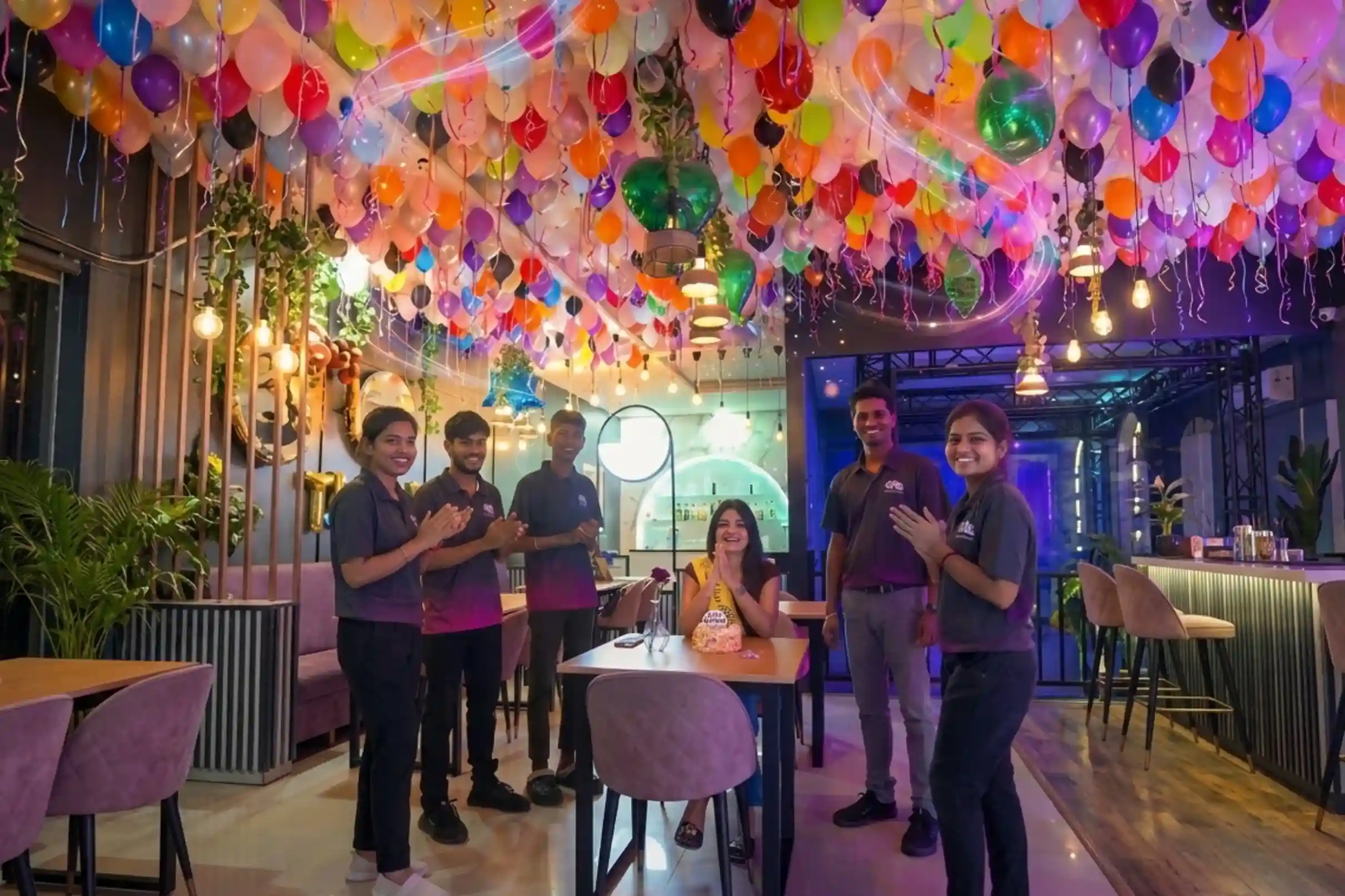 Game Xtreme staff clapping and celebrating with a seated birthday guest surrounded by hundreds of balloons