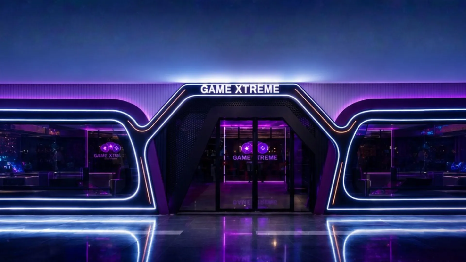 Game Xtreme entrance — neon-lit indoor entertainment venue at E Galleria Mall, HITEC City, Hyderabad